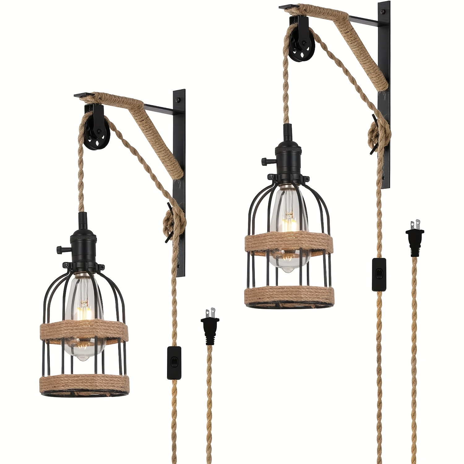TEMU Vintage Design Farmhouse Wall Mount Pulley Wall Pendant Lamp With 15-foot Brown Plug And Switch Wall Lamp Set Of 2