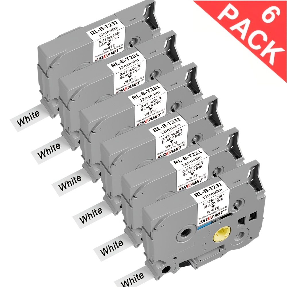 Image of 6 Pack Compatible For Tape 12mm 0.47 White Tze-231 Black Ink On White Tape, Tz Tape 12mm 0.47 Laminated White Compatible For Brother Label Tape 12mm 0.47 White 1/2