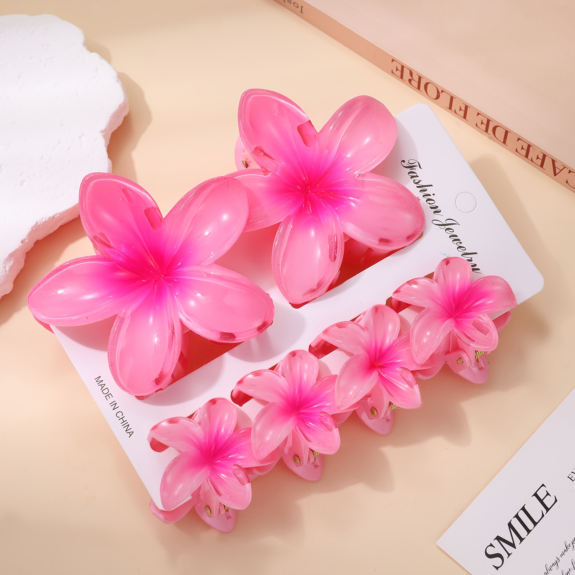 TEMU Set de 6 pinzas para el cabello de Plumeria de estilo - 2 grandes + 4 pequeñas, adiciones florales coloridas para el cabello, adecuadas para