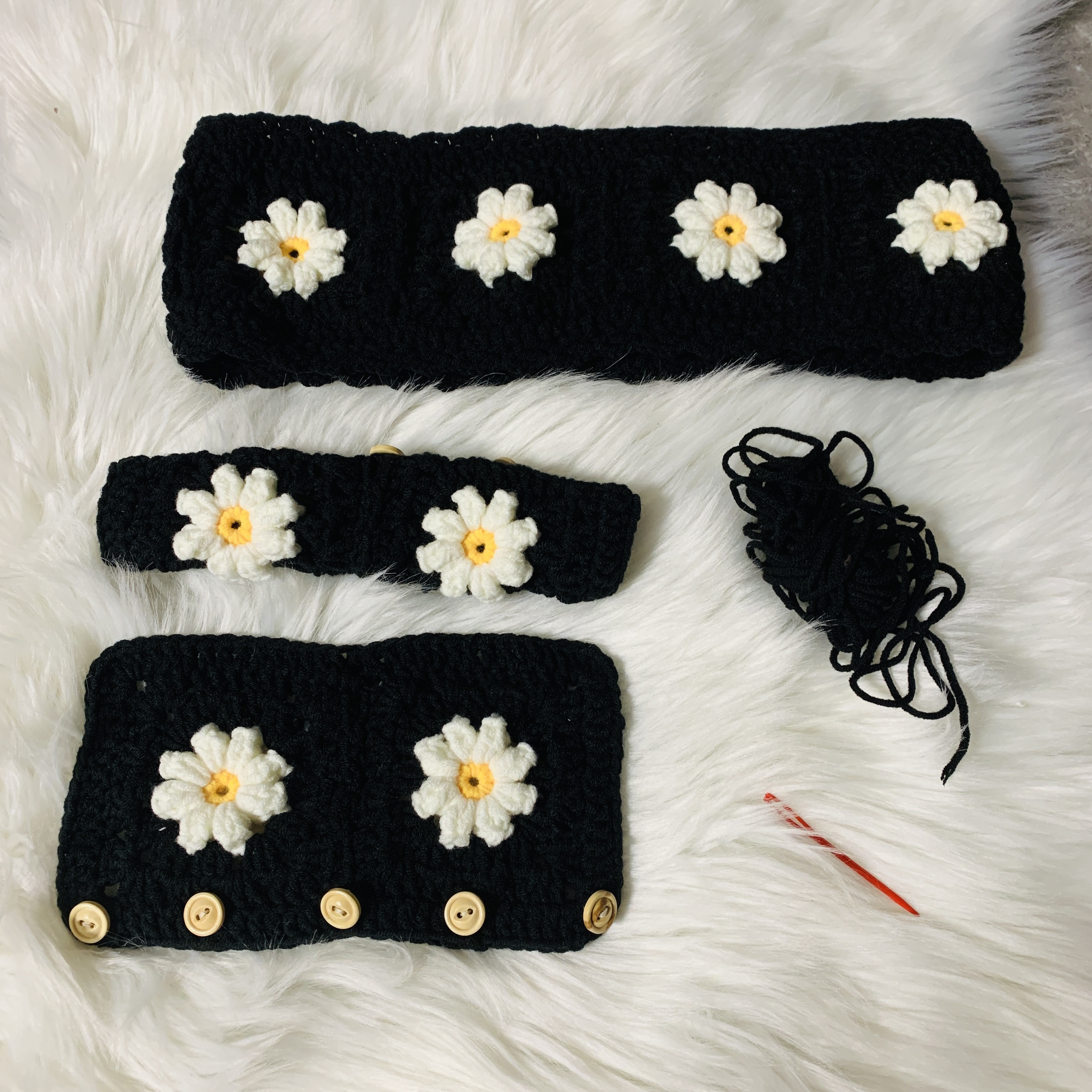 crochet black steering wheel cover seat belt cover car
