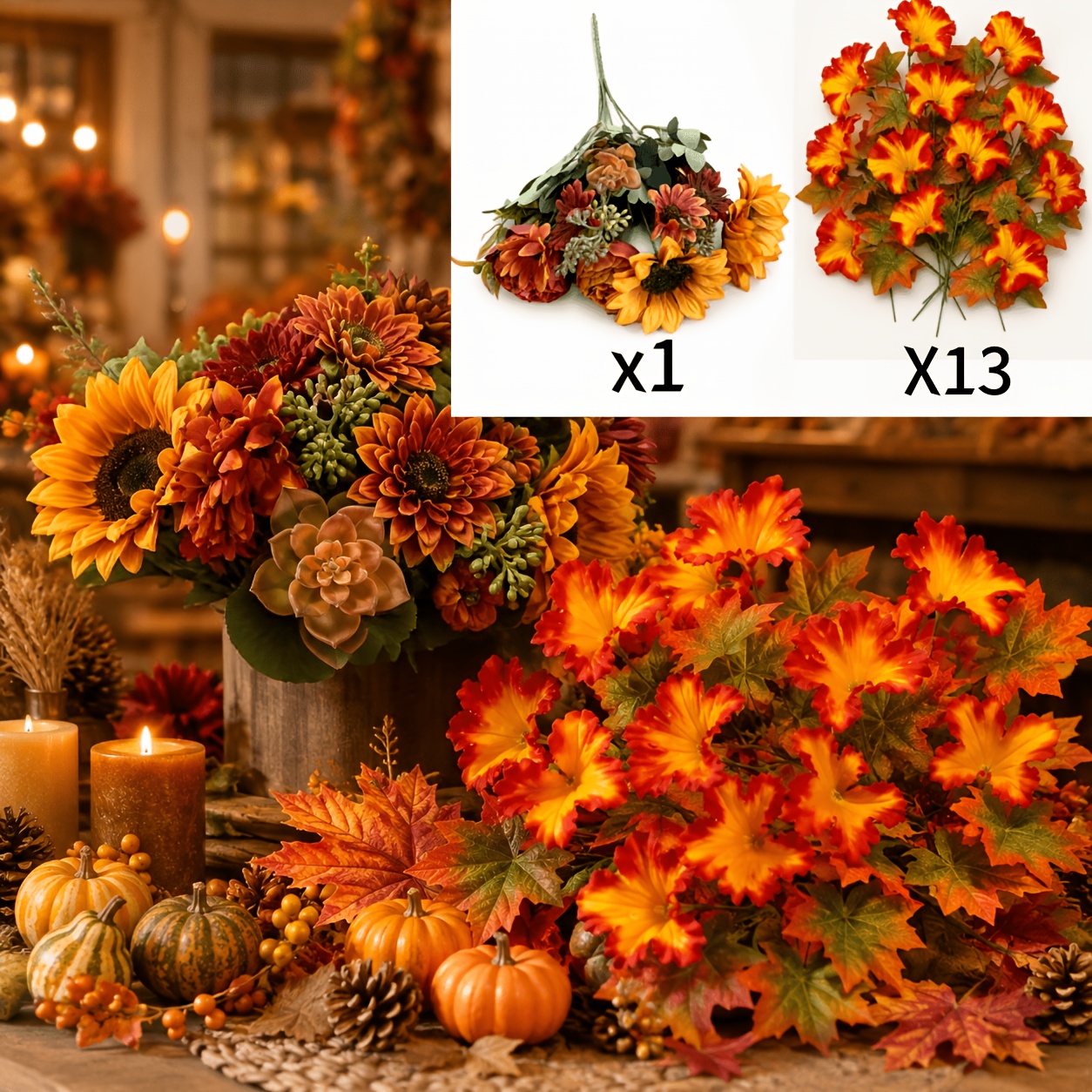 TEMU 14pcs Large Flower Autumn Color Daisy Combination Set - 13 Flowers With 1 Sunflower Daisy Bouquet, Autumn Artificial Simulation Flower Bouquet,