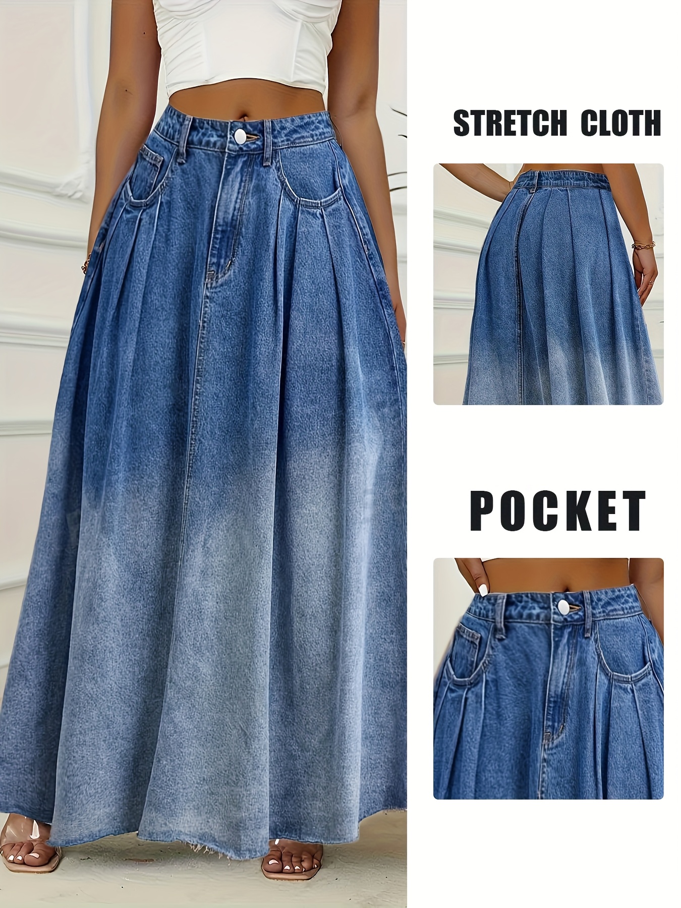 Clothing Pleated Denim Maxi Skirt Plus Size Ombre Washed Blue Pleated  Elegant Style Hem Temu Portugal