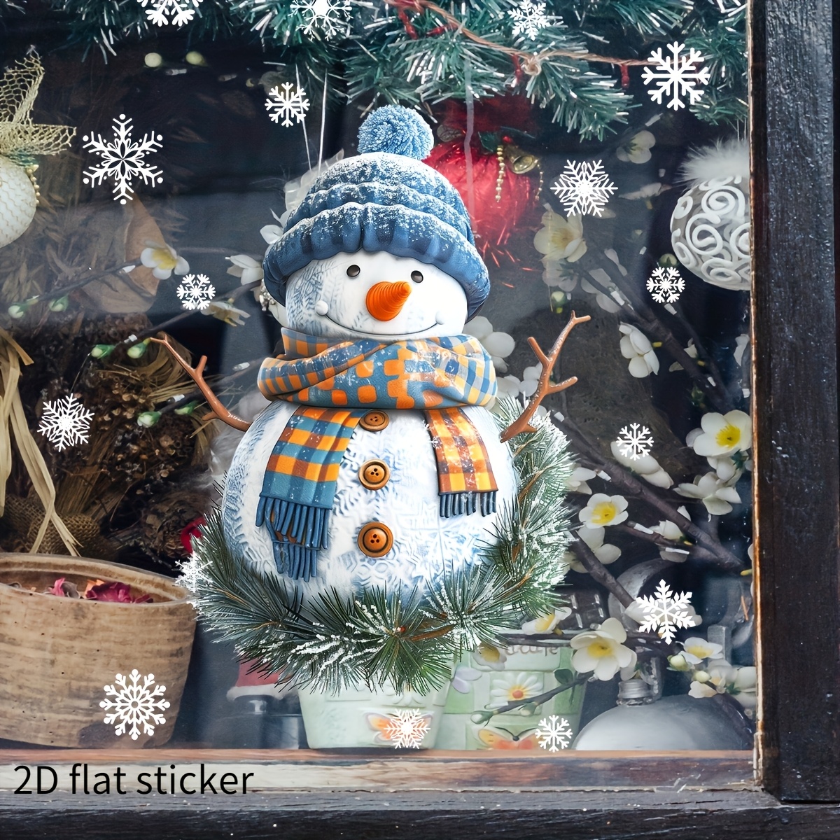 TEMU 2D Plat - 2D Plat - 2D Plat Sticker 1 stuks - 1 stuks Blauwe Kerstmuts Sneeuwpop Sneeuwvlok Glasraam Sticker Verwijderbaar. PVC Elektrostatische