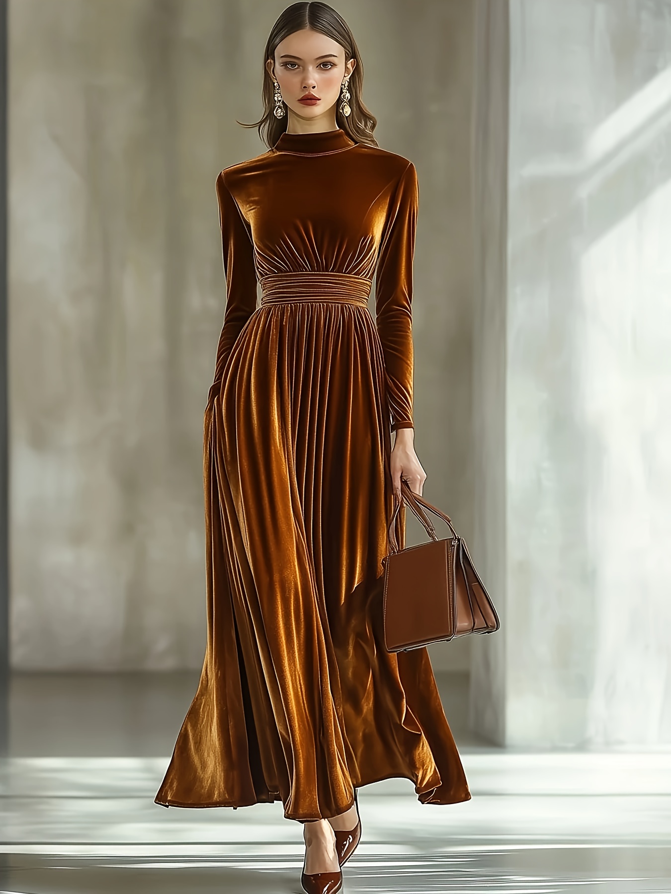 elegant brown satin maxi dress ruched waist long sleeves - Temu South Africa