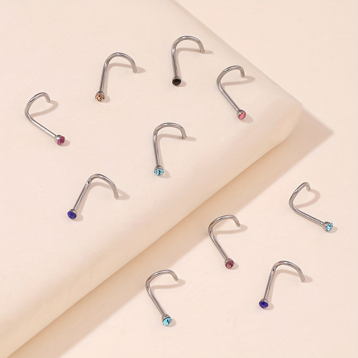 TEMU 10 Stück Easy Sexy Edelstahl Gebogene Nasenstifte Mode Eingefasste Weiße Nasenring Piercing Kombination Nasenstifte Unisex
