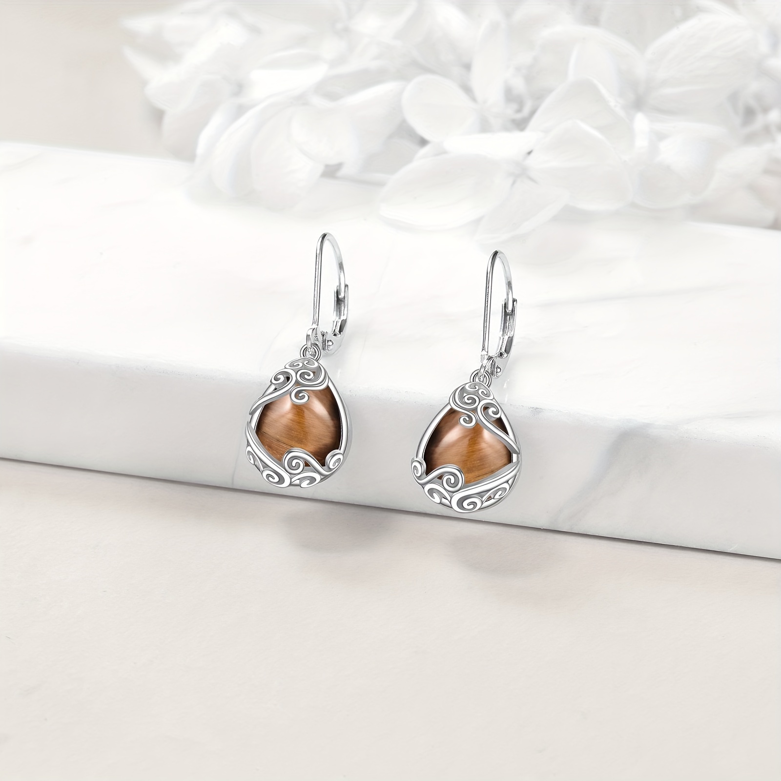 925 sterling   eye stone   drop dangle teardrop earrings tiger eye stone leverback earrings for women jewelry gifts Product details 2