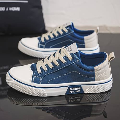 mens casual sneakers stylish blue and white canvas skate shoes breathable fabric lining low top lace up shoes