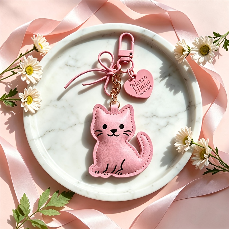 TEMU Porte-clés en PU de chaton rose avec nœud, étiquette gravée de cœur pour sac, convient pour sac , sac à bandoulière, décoration universelle,