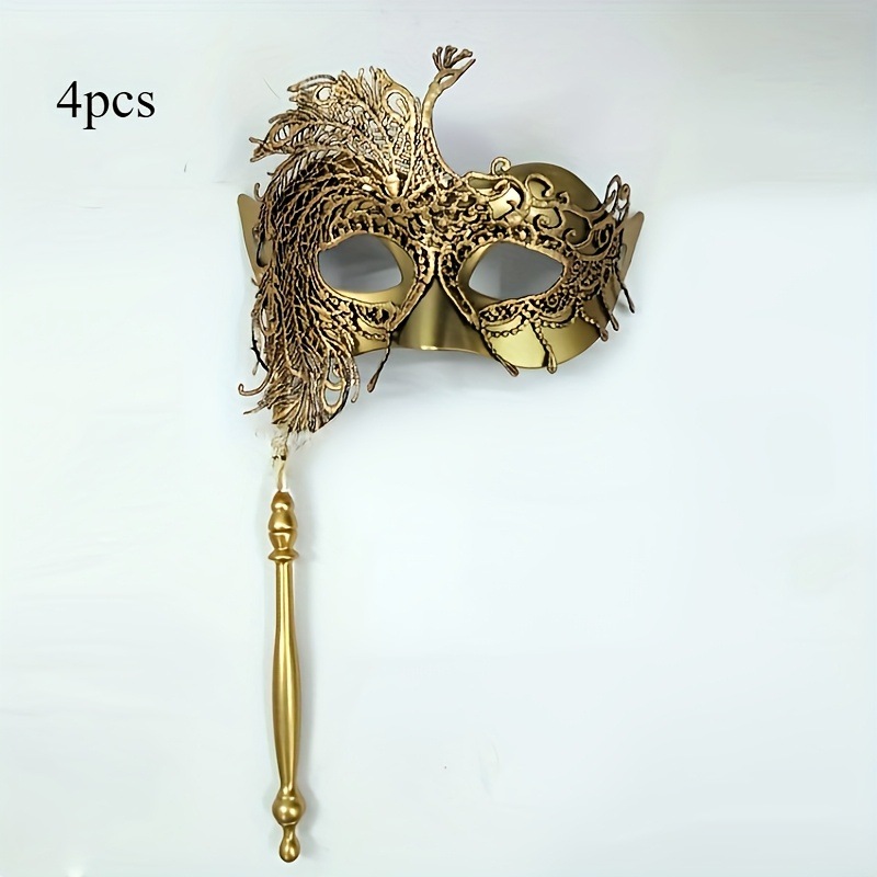 Golden Lace Handheld Masquerade Mask with Feather Detail - Venetian Costume Accessory for Parties, Bars, and Holiday Events, Costume Party Accessory|Exquisite Detailing|Exquisite Craftsmanship