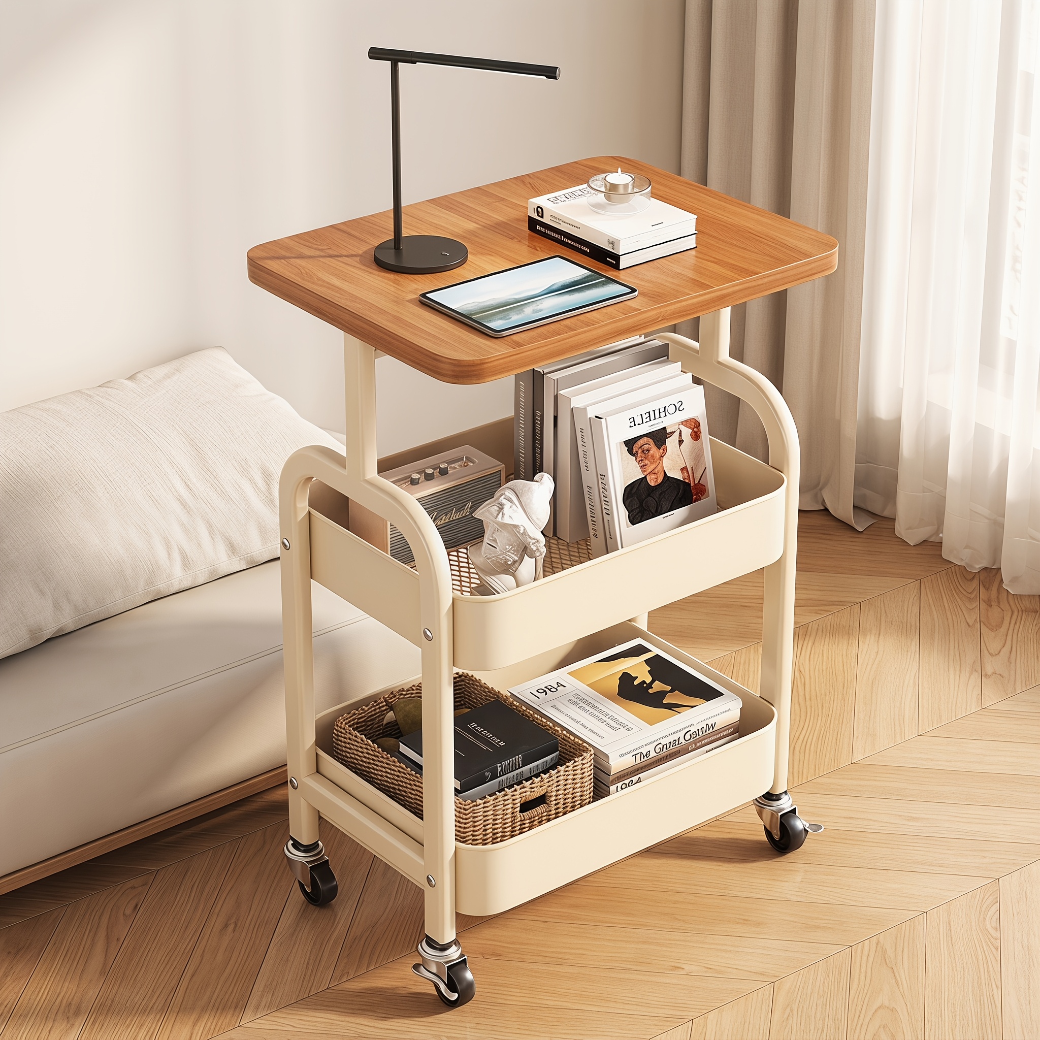 TEMU Carrito Auxiliar Metálico Dorado de 3 Niveles con Ruedas, Estante de Almacenamiento, de Madera de Nogal, Carrito de Almacenamiento Estable y