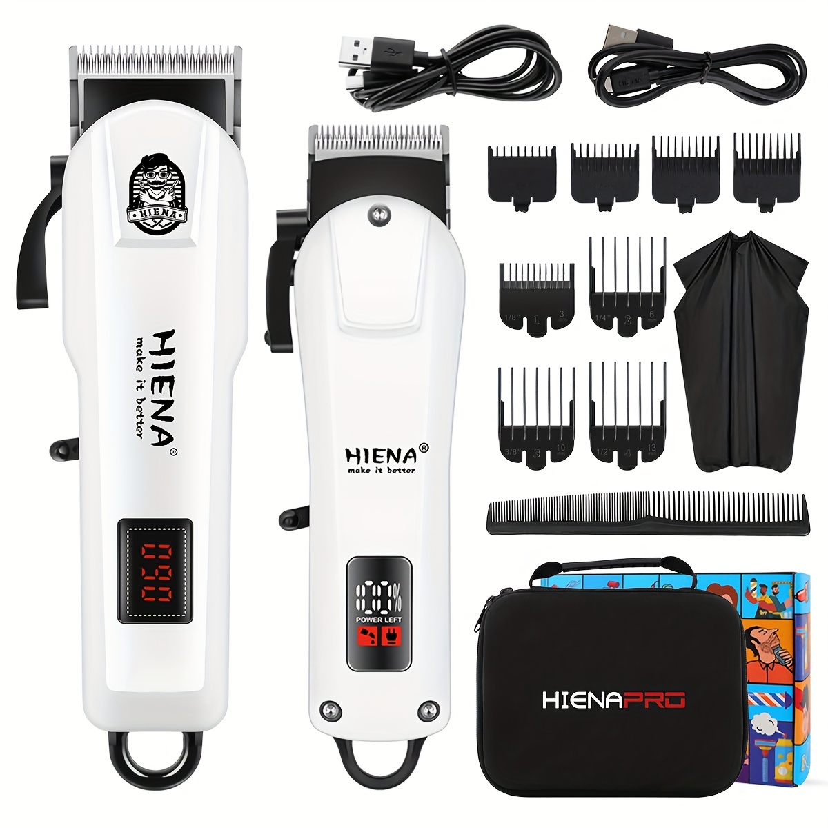 HIENA Electric Hair Clipper White Trimmer Set USB Rechargeable Cordless Hair Cutter with Storage Bag and Comb Professional LCD Display Barber Clippers for Men's Grooming Gift