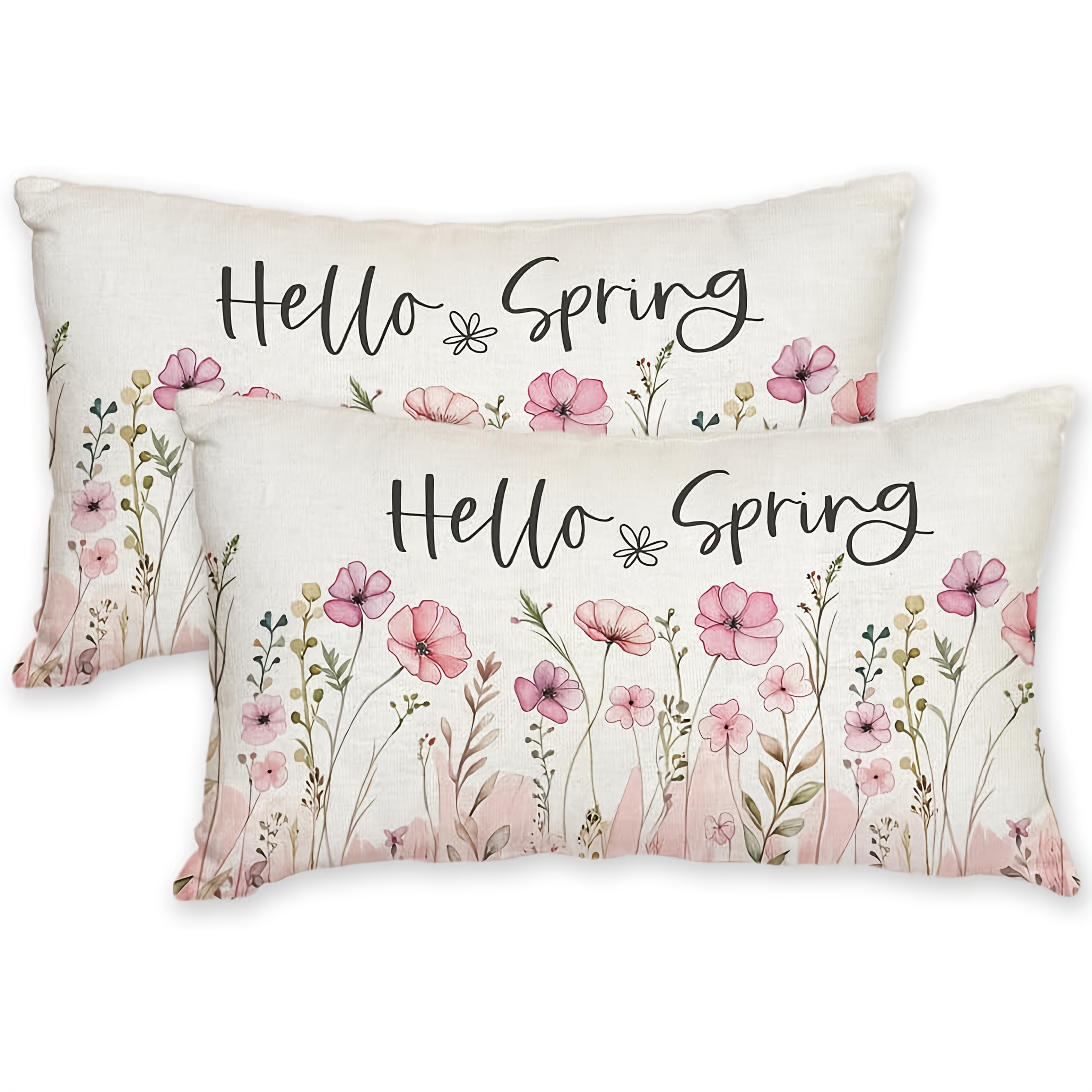 

2pcs Linen Throw Pillow Covers, Contemporary Style, Pink Floral Design, Seasonal Farmhouse Decor, Machine Washable, Zipper Closure, Woven , With No Insert For Sofa Couch