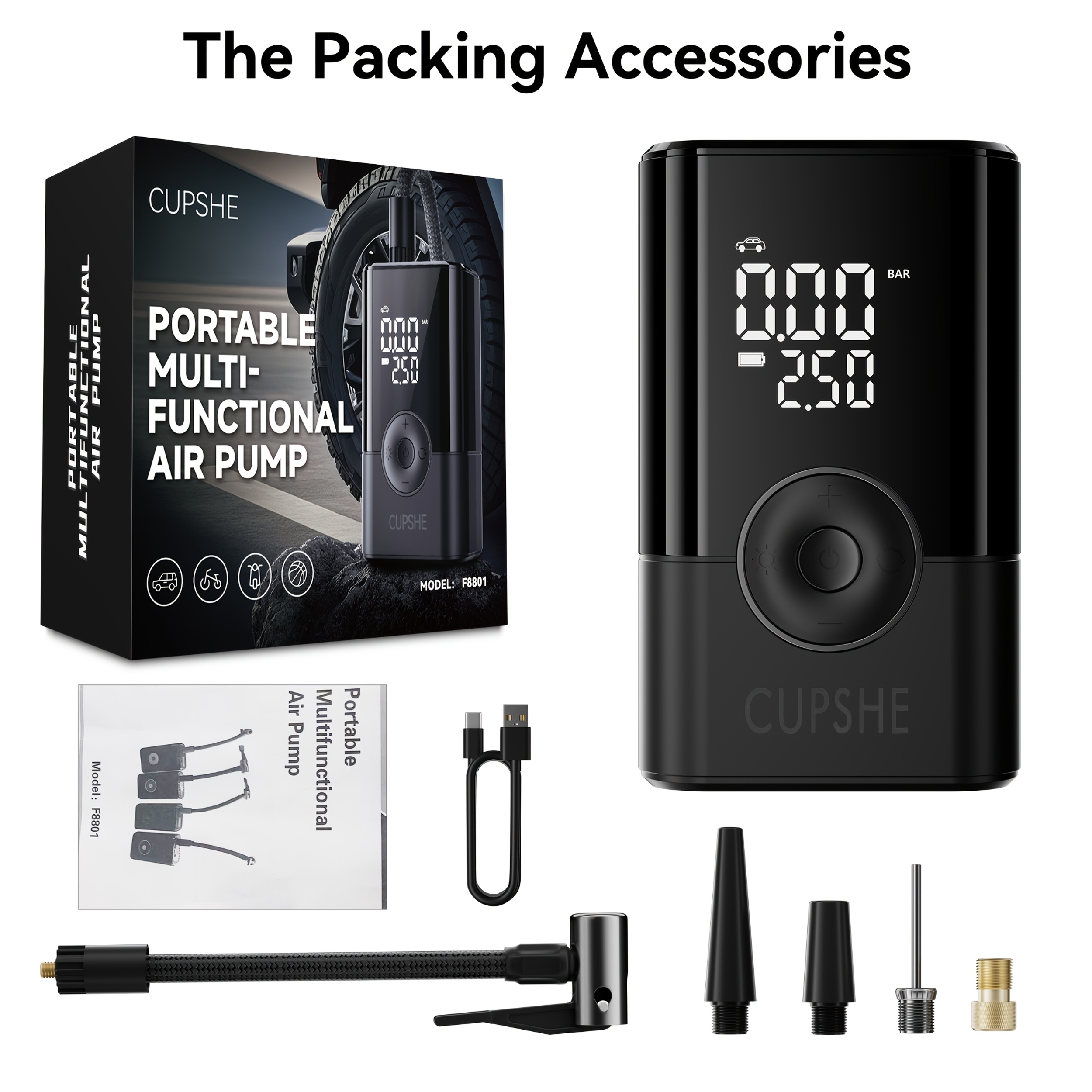 TEMU Portable Usb Charging Wireless Air Pump, Car Tire Air Pump, Cordless Air Pump With Digital Display, Emergency Power Supply, Electric Air