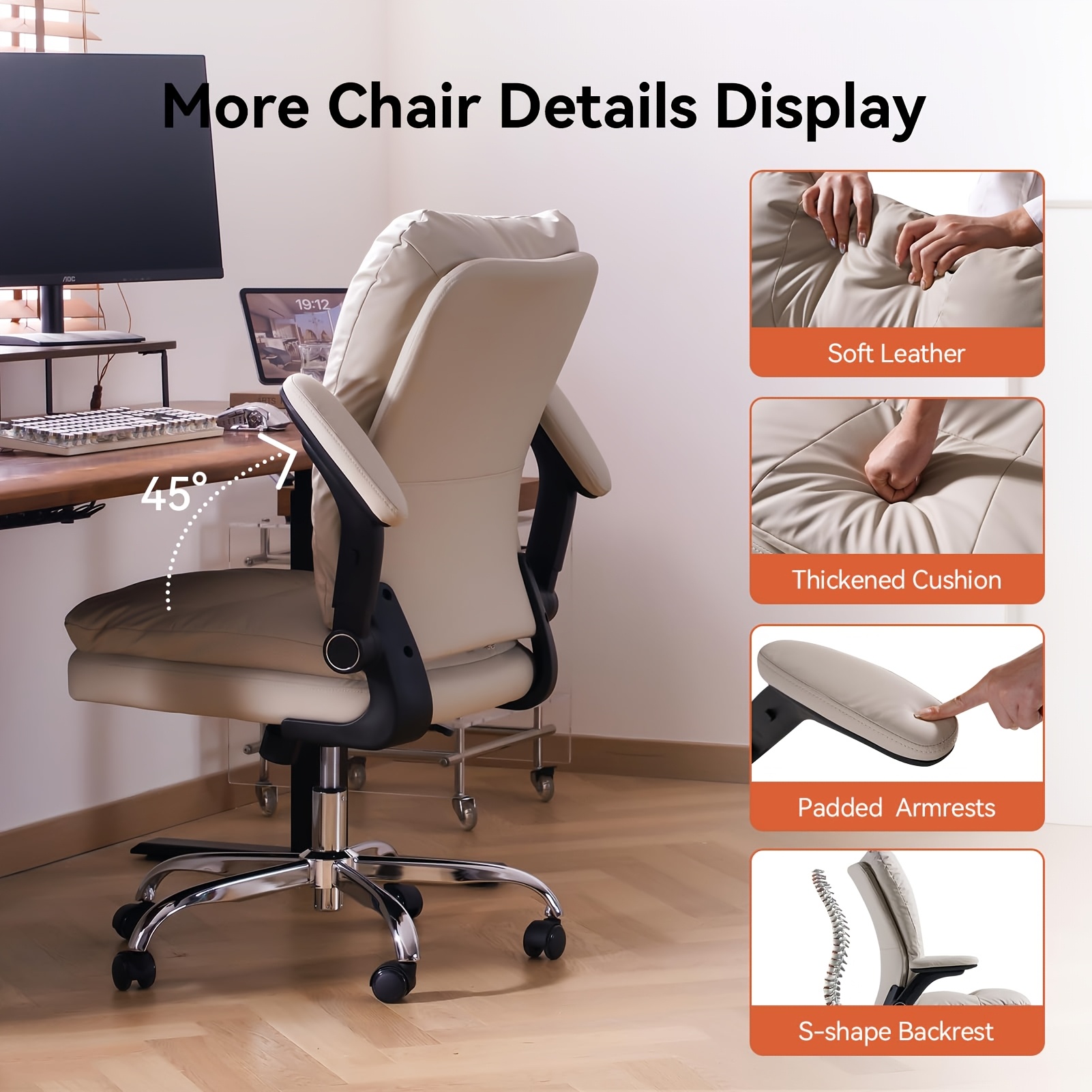 Ergonomic Office Chair with Padded Flip-up Arms, Mid Back Executive Comfy Desk Chairs, Faux Leather Computer Rolling Chair with Wheels for Home, Adjustable Height, 360 Swivel, 300lbs, Beige, Black
