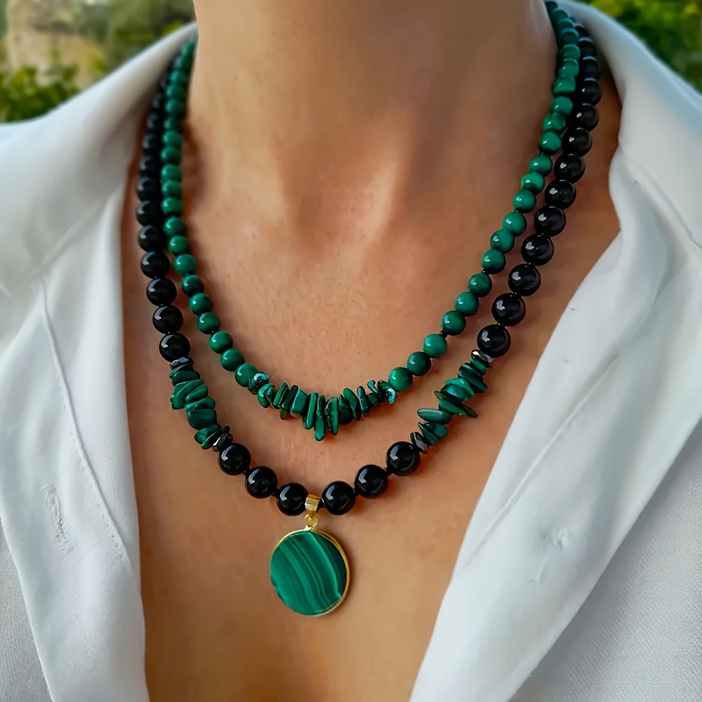 TEMU 2 piezas/ y Ágata Negra Collar de Capas Joyería a para Mujer Personalizado Colgante de Piedra Natural Grande Cuentas Grandes Juego de Joyería de