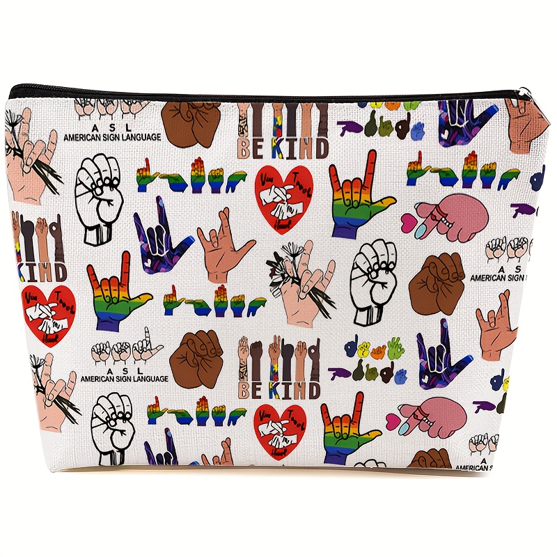 TEMU 1pc, 2d Printed Makeup Bag For Asl Teachers - Gentle Gesture Design, A Gift For Pride And Support For The Deaf , Colorful Fabric Zippered Pouch