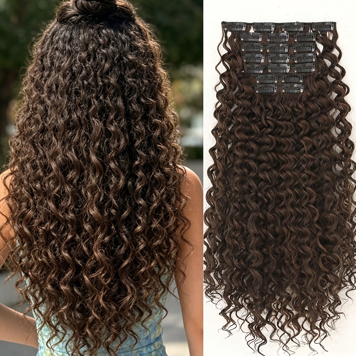 TEMU Extensions de cheveux, 7pcs 18 pouces Bouclés Clip-In Extensions de cheveux Longues Douces Épaisses Synthétiques pour femmes - rouge foncé
