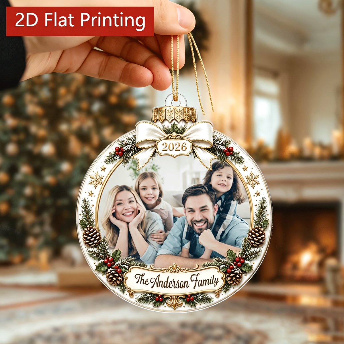 TEMU Plat 2D, Ornement de sapin de Noël plat 2D 2026 avec photo de famille personnalisée, Décoration à suspendre ronde plate 2D en acrylique avec nom
