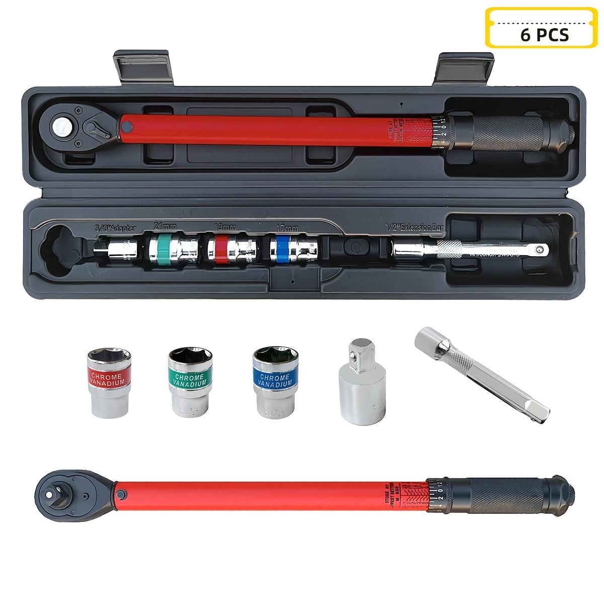 TEMU 6pcs 1/2-inch Torque Wrench Set - 20-230 N.m, With 17-19-21mm Sockets, 3/8-inch Adapter, And 1/2-inch Extension Bar, 72-tooth Dual- Click