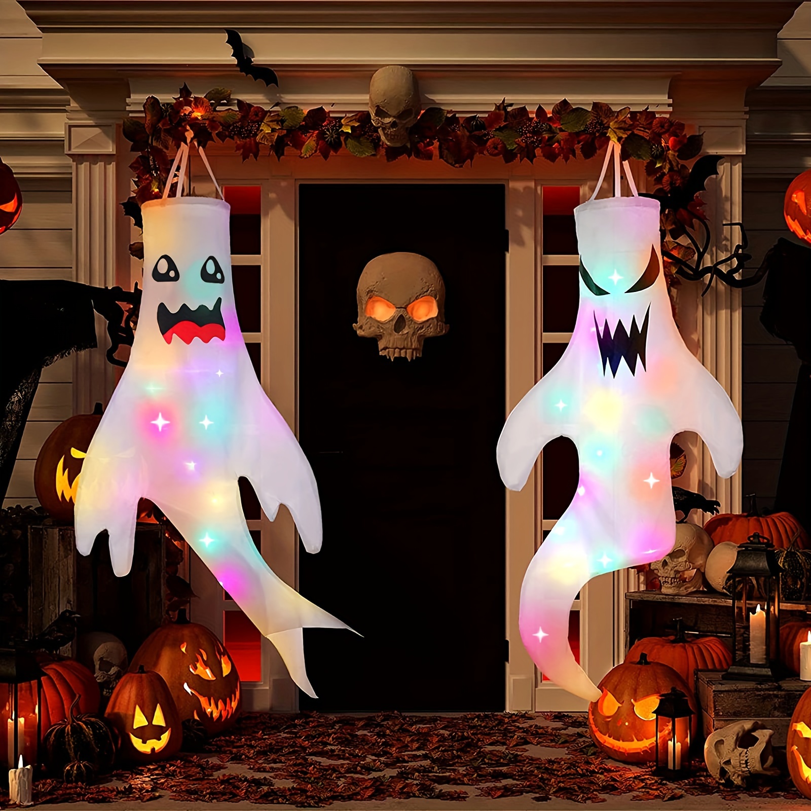 TEMU 2pcs 47" Halloween Windsocks With Led Lights - Glowing White Polyester , Battery-powered, Spooky Doorway & Pumpkin Decorations, Halloween Decorations