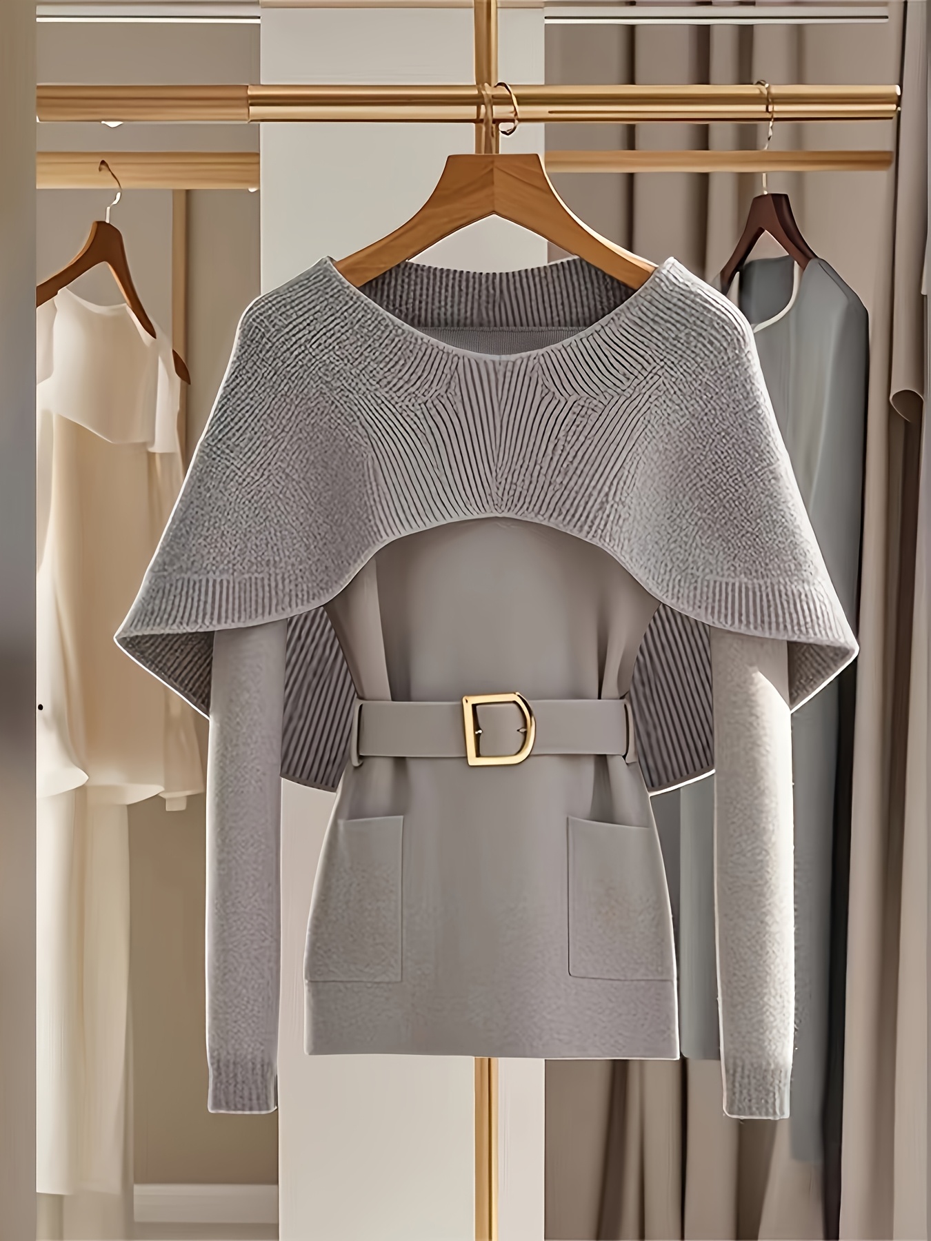 1pc Elegant Grey Knit Cardigan with Cape Shawl, Women'S Soft Polyester Crew Neck Long Sleeve Sweater with Belt, Unique Design Solid Color Pullover for Spring/Summer/Fall - 2024 New Arrival