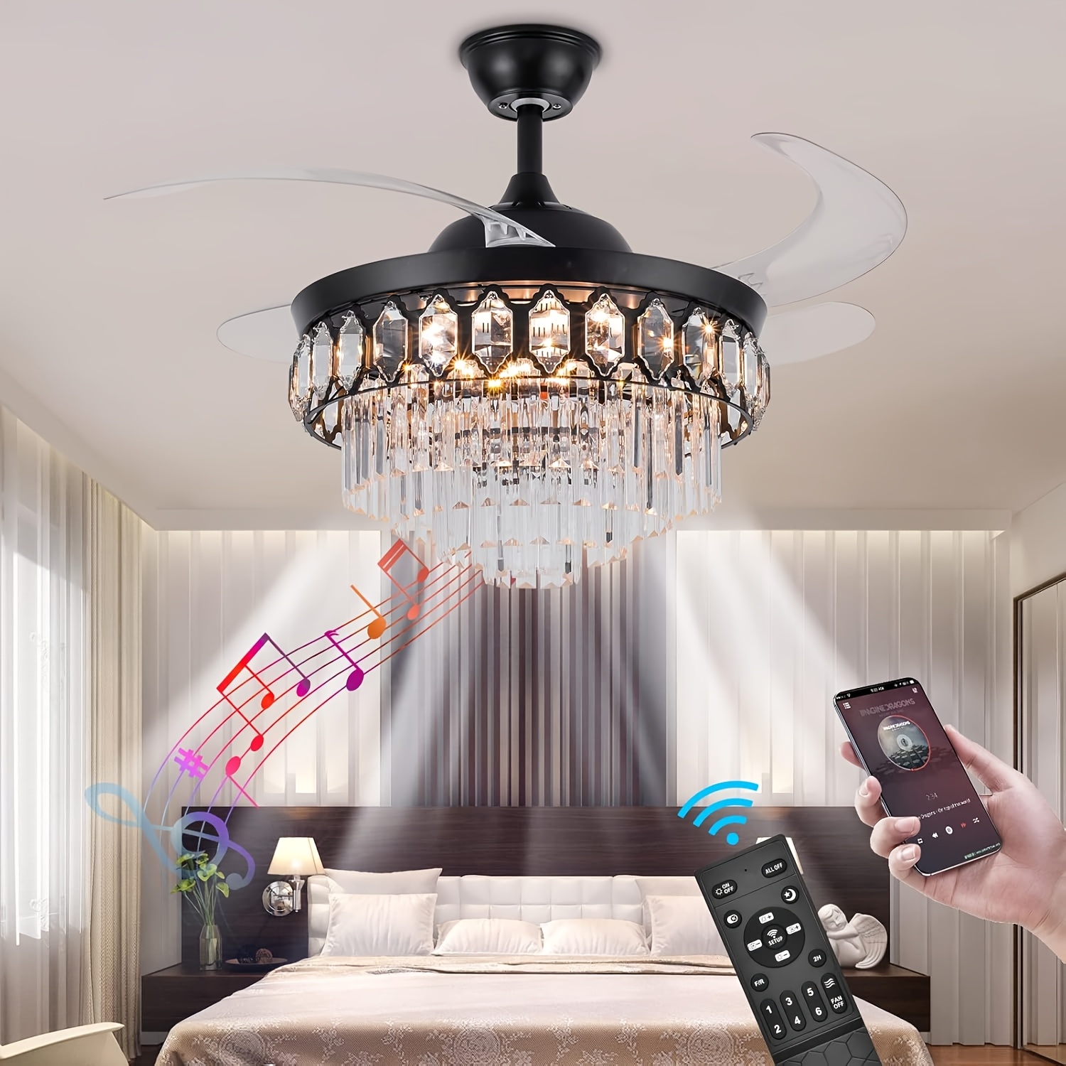 

Adjustable Lighting| Elegant 42" Led Crystal Ceiling Fan With Light & Player - Dimmable, Quiet Motor, Retractable Blades, Remote Control - Polished For Living Room, Bedroom, Fan For Bedroom