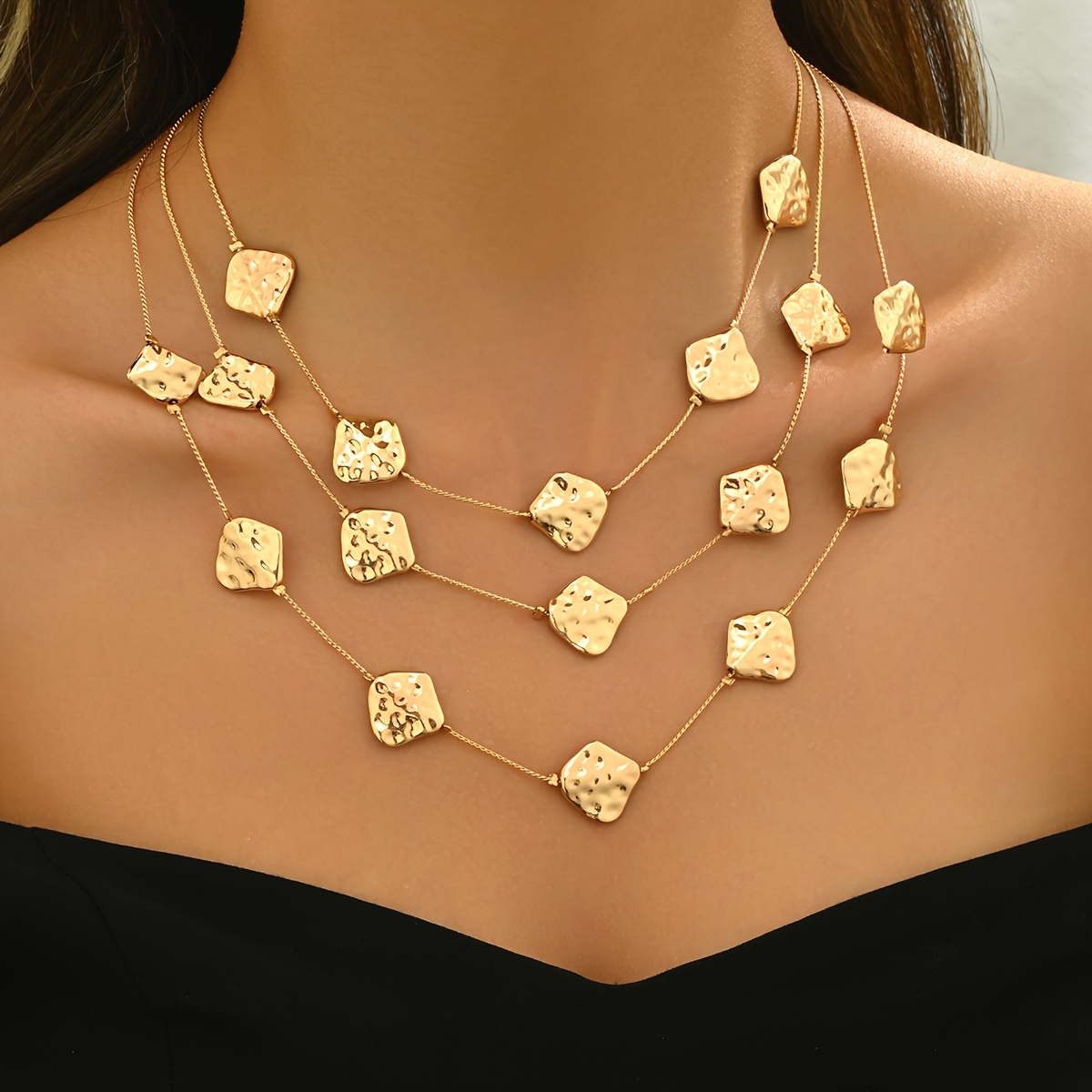 1pc Of Fashionable Minimalist 3-layer Thin Chain Irregular Square Bead Necklace