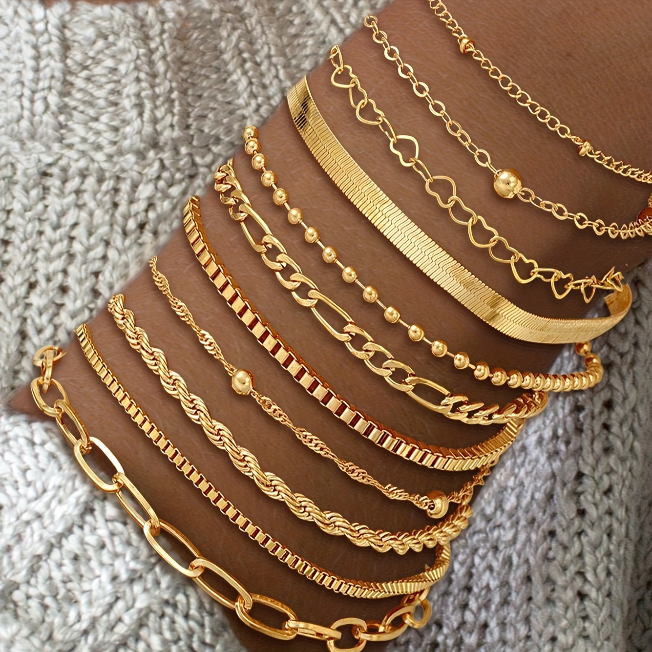 E-shop 11-teiliges Geometrisches Perlen Schlangenknochen Kette Twist Kette Minimalistische Schlichte Kette Breiter Metallstil Armband Mehrteiliges Set