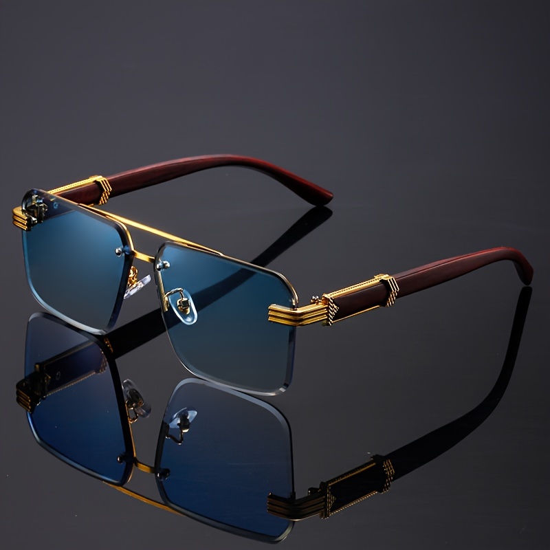 

Lunettes de sport avec monture en bois vintage inspirée pour hommes et femmes - Lunettes de gradient monture avec texture en bois vintage bleu stylish, matériau PC et en plastique