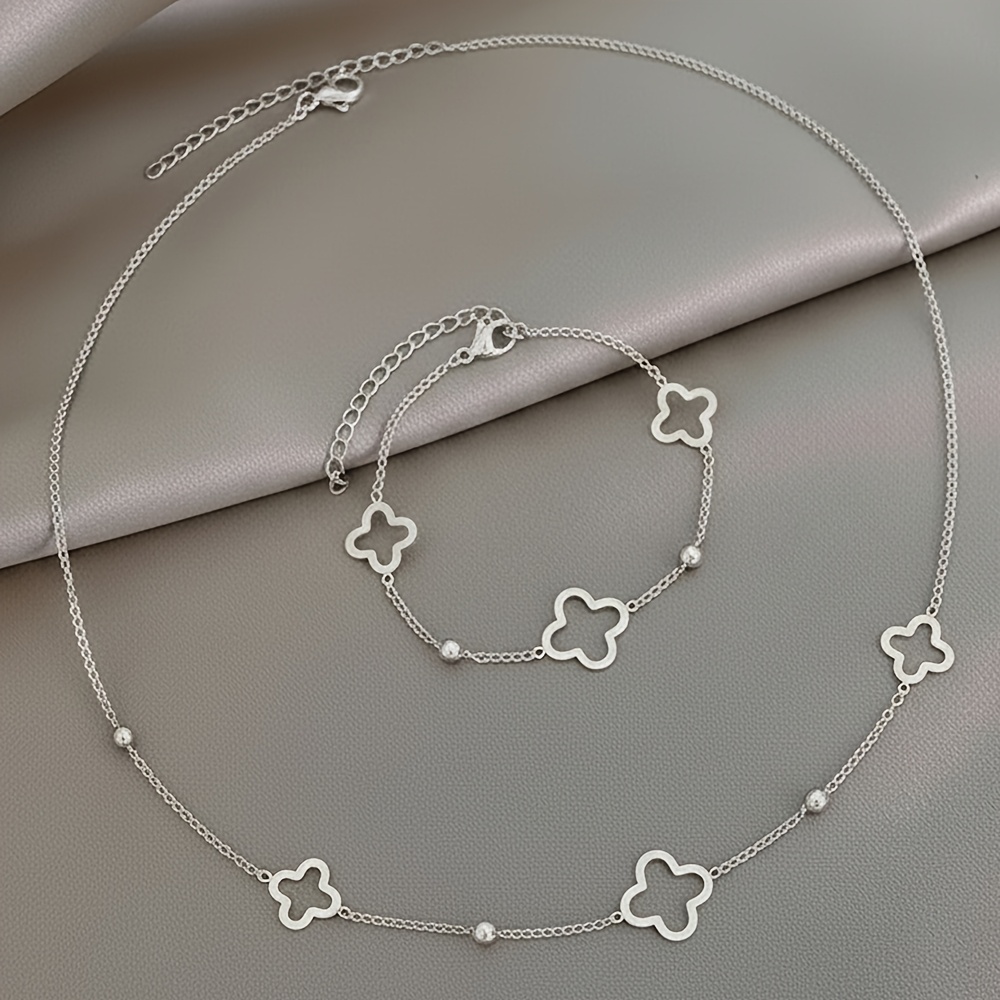 TEMU 2pcs Stainless Steel Minimalist Hollow Clover Women's Bracelet And Necklace Set, Clover Element, Versatile Trendy Niche New Women's Jewelry,
