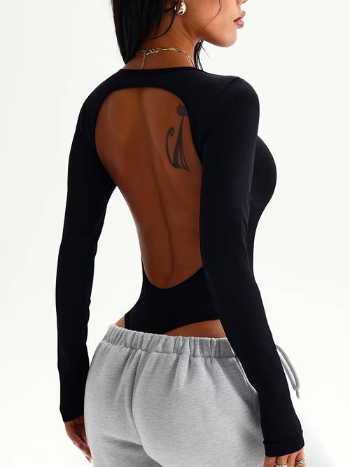 sports bodysuit yoga bodysuit shapewear black long sleeve deep plunge hollow out backless bodysuit y2k style inner base layer top