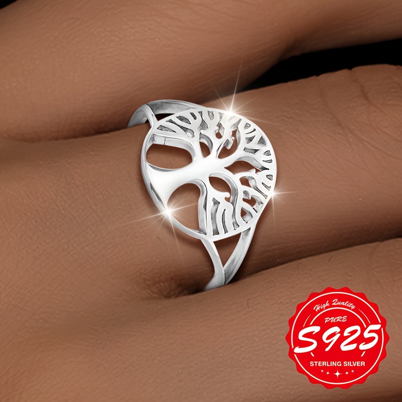 Image of Adjustable S925 Sterling Silvery Tree Of Life Ring For Women, Elegant And Versatile Design, Perfect Gift For Everyday Occasions, Hypoallergenic