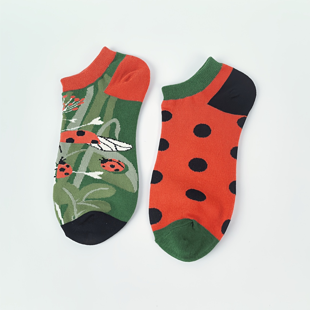 Image of [1 Pair] Ladybug Polka Dot Asymmetrical Socks, Spring Summer Fashion Outfit