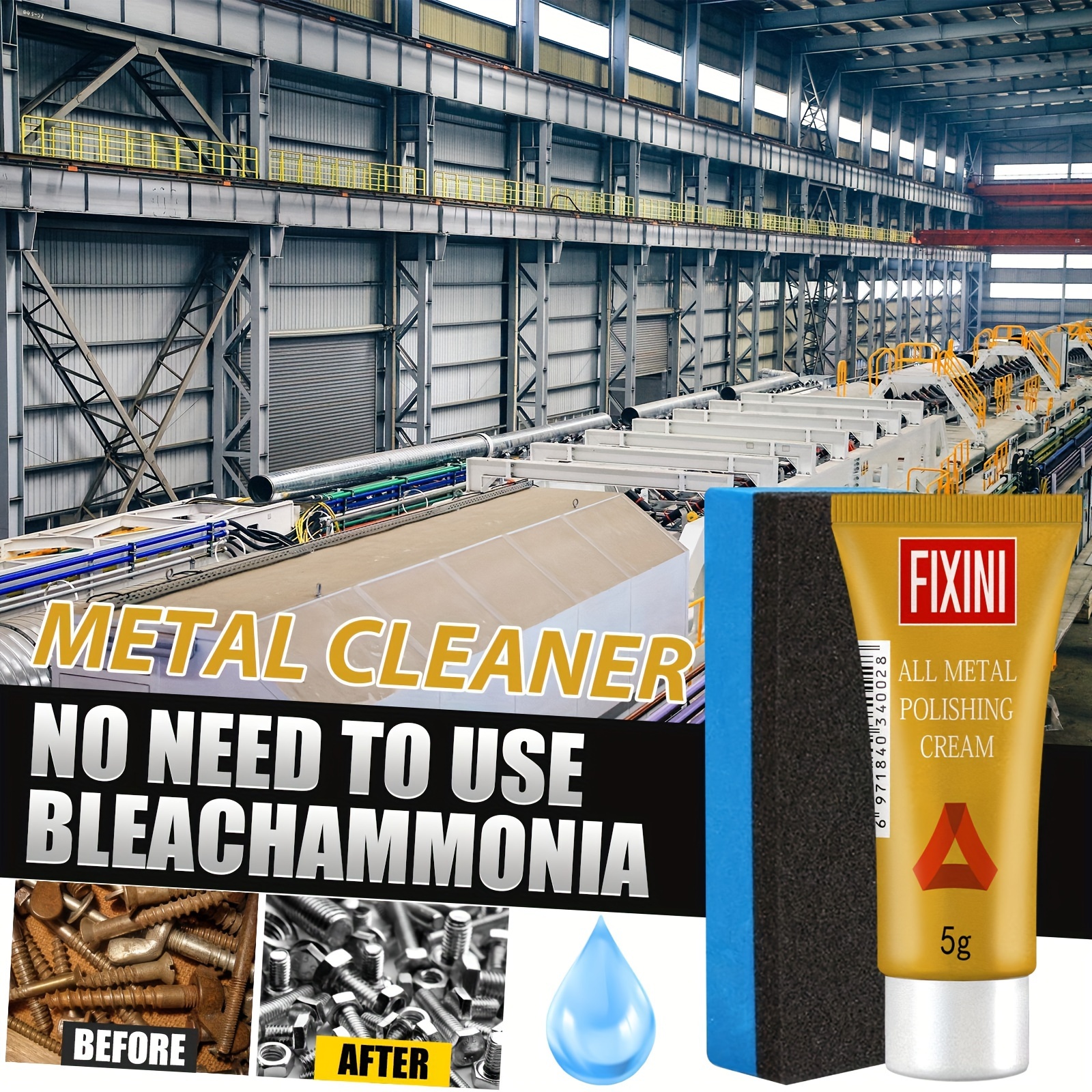 Fixini All-Metal Polishing Cream with Sponge - Multi-Purpose Shine & Repair Paste for Kitchens, Bathrooms, Stainless Steel, Ceramics, Car Wheels & Tires - Non-Abrasive Formula for Rust, Stains & Scratch Removal, 5g