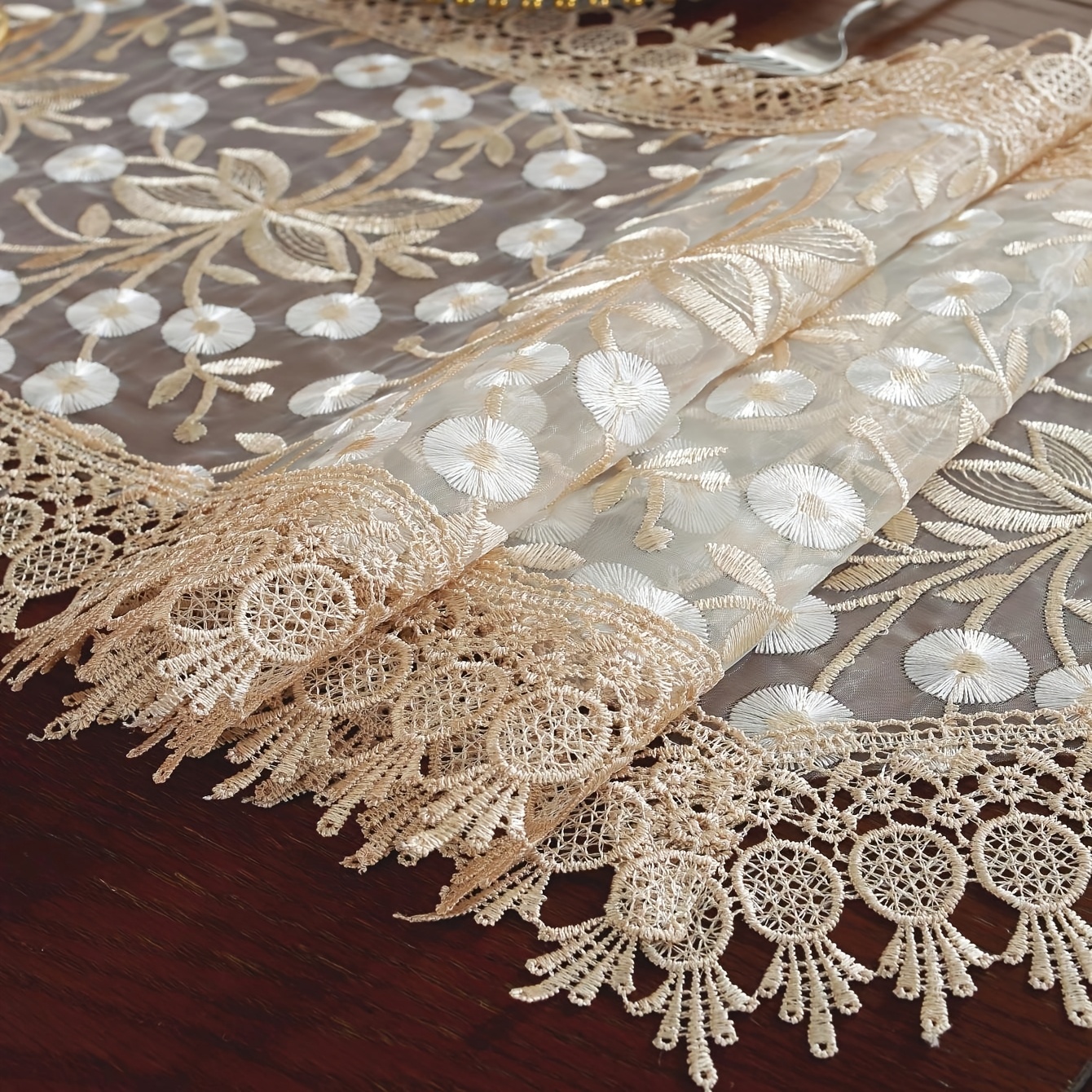 TEMU 1pc, Polyester Table Runner, White Organza Fabric Embroidered Table Runner, Holiday Desktop Decoration Fabric Table Runner, Home Decoration,