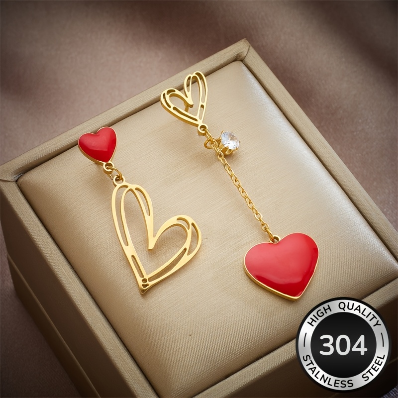 Image of French Style 304 Stainless Steel Earrings With Asymmetrical Lines, Red Heart-shaped Hanging Earrings, Fashionable And Trendy Women's Earrings Suitable For Party And Holiday Gifts