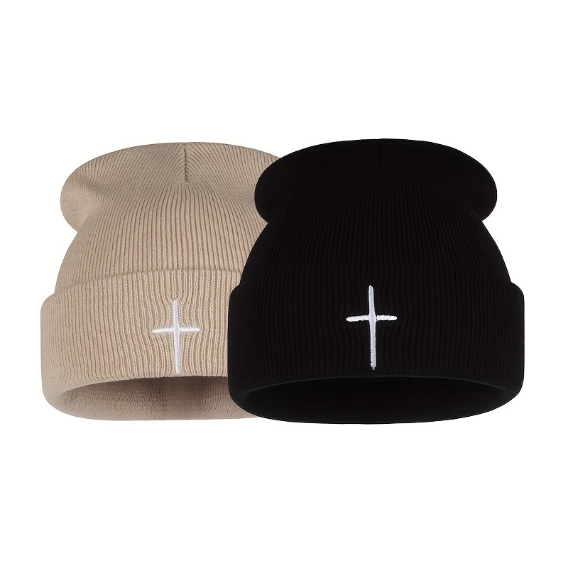 Image of 2pcs Cross Embroidery Knit Cap Simple Classic Couple Hat Set Suitable For Fall And Winter Elastic Cap Ear Protection Warm Unisex Ski Cap For Men And Women