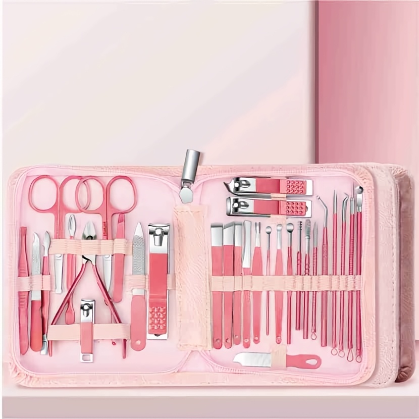 

30-in-1 Manicure Kit Featuring Nail Clippers And Scissors, With High-quality Materials In A Zippered Design. Ideal For Women, This Set Includes Tools For And Toenails, Travel. In Pink And Black.