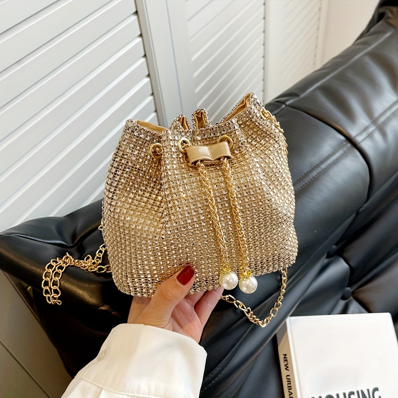 Lightweight, Business Casual Rhinestone Decor Bucket Bag Drawstring Design, Clear Bag Trendy Bag Evening Bag, Dinner Bag , Elegant, Exquisite, Rhinestone For Party, Woman, Bride Perfect For Party