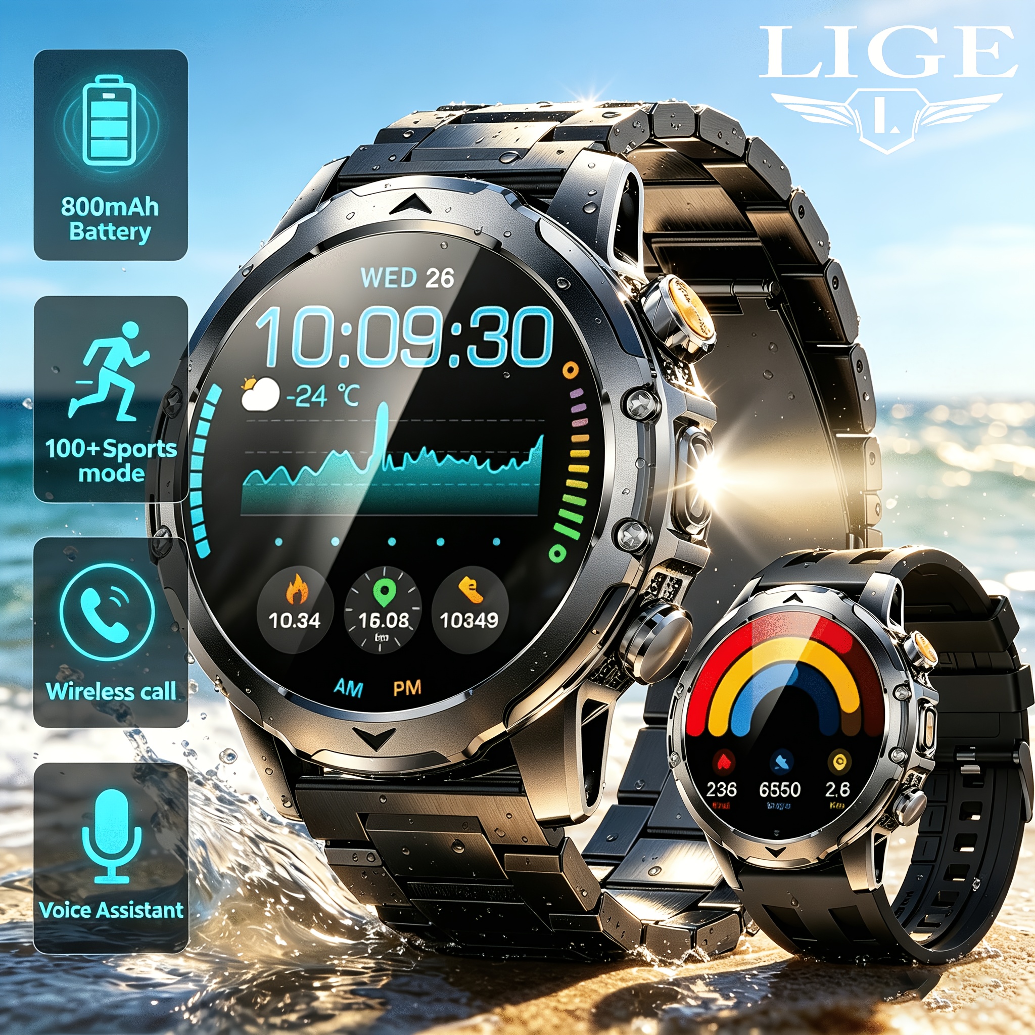 Image of Lige Smart Watch For Men, Wireless Call 1.53-inch Hd Screen, Smartwatch With 800 Mah Battery, Led Flashlight, 100 , Sleep Monitoring, , Pedometer, Ipx8, Fitness Watch For Iphone And