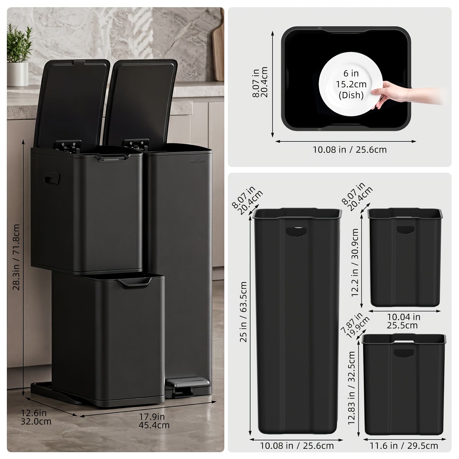 TEMU Mvm 60l Stainless Steel Trash Can - 3-compartment Pedal Bin With Quiet Close, And Removable Buckets - For Kitchen, Office, Home, Matte Black