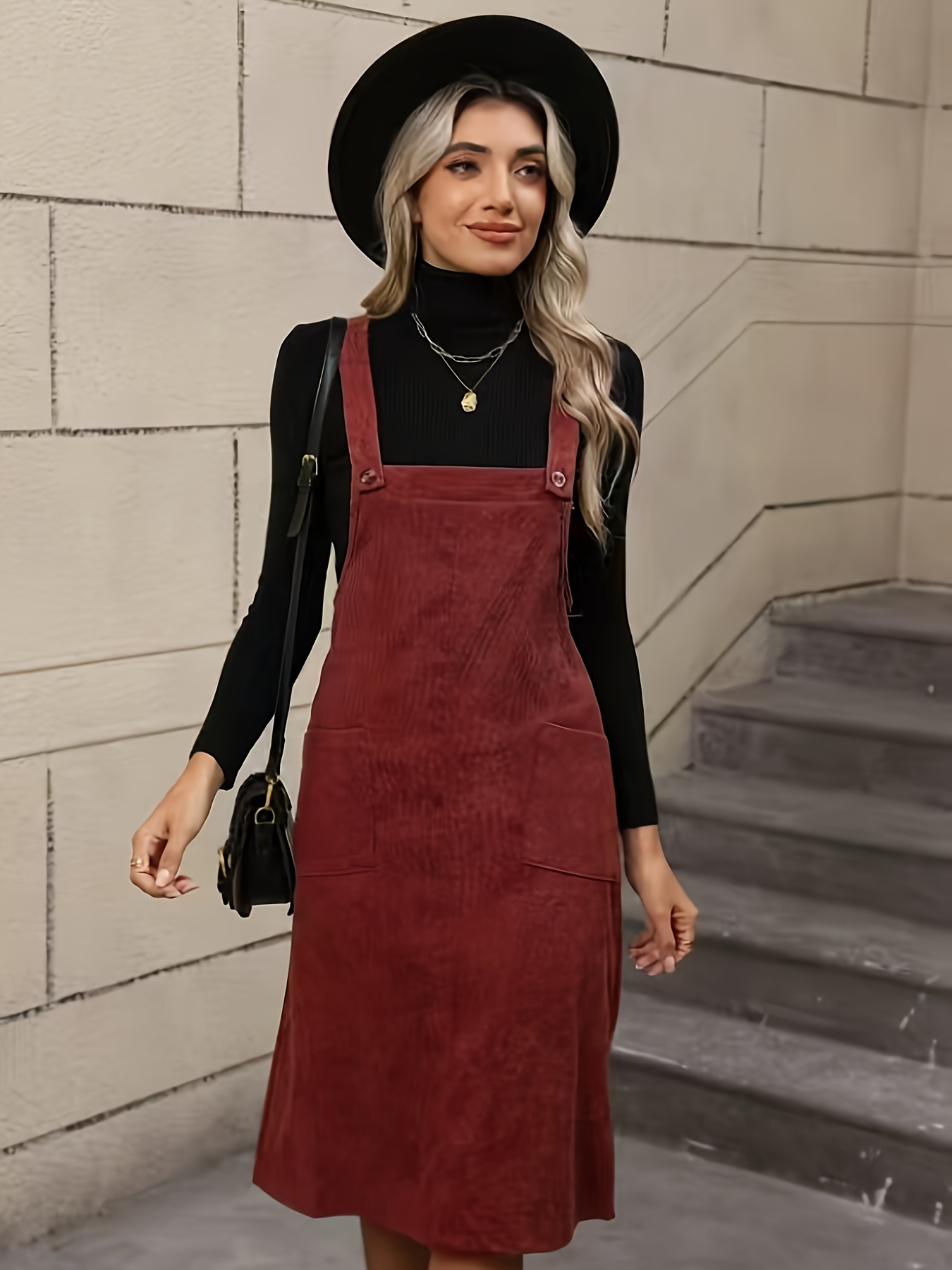 burgundy corduroy suspender dress retro pockets a length