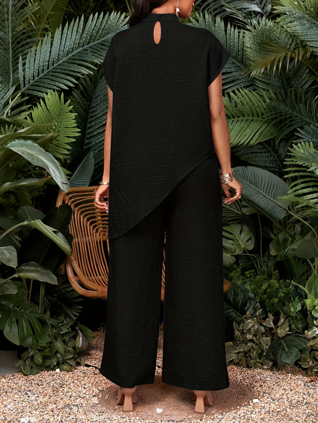 Women's Vacation Casual Solid Color Asymmetrical Hem Top and Pants Two-Piece Set, Autumn Women's Clothing
