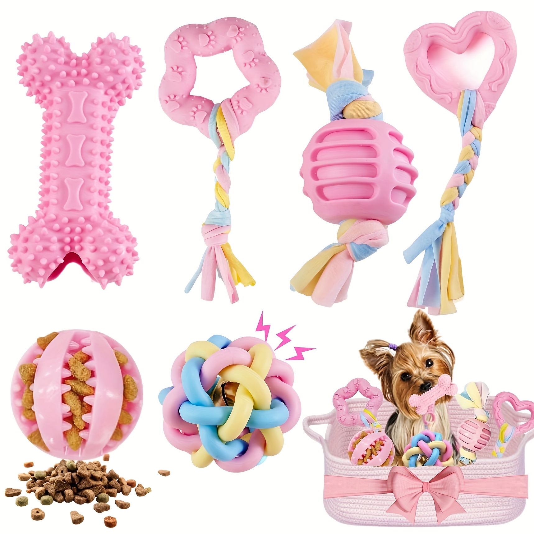 Image of Chew Toys, 6pcs Soft Rubber Teething Toys For Small Dogs, Interactive Dog Toys, Teeth Cleaning, Cute Purple Design