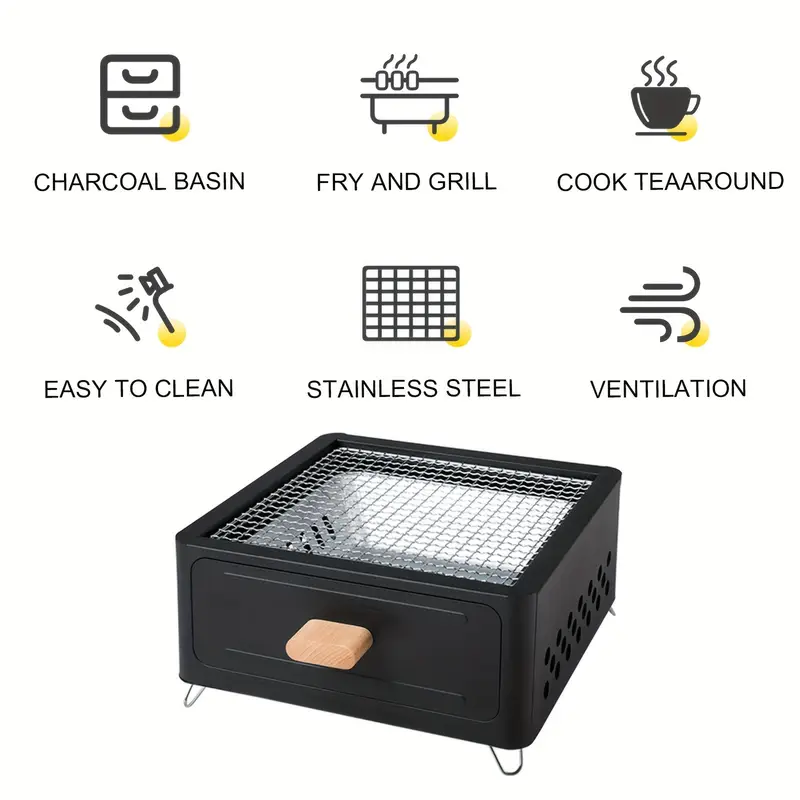 west tune outdoor square charcoal grill with drawer portable multi purpose wooden barbecue stand for camping picnics outdoor activities ideal for grilling iron painted Product details 2