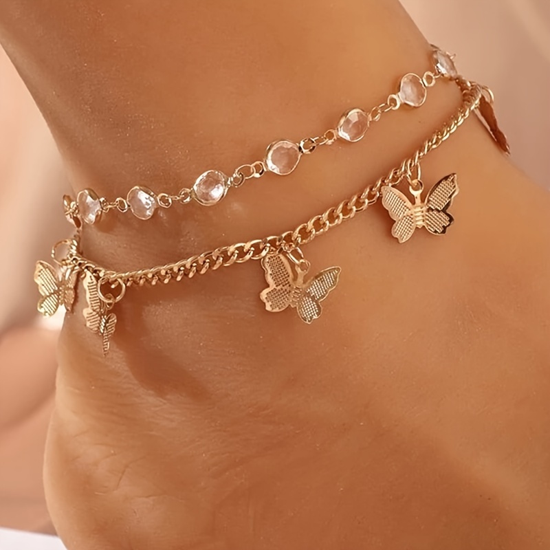 

A Set Of Double Rhinestone Butterfly Pendant Simple Fashion Anklet