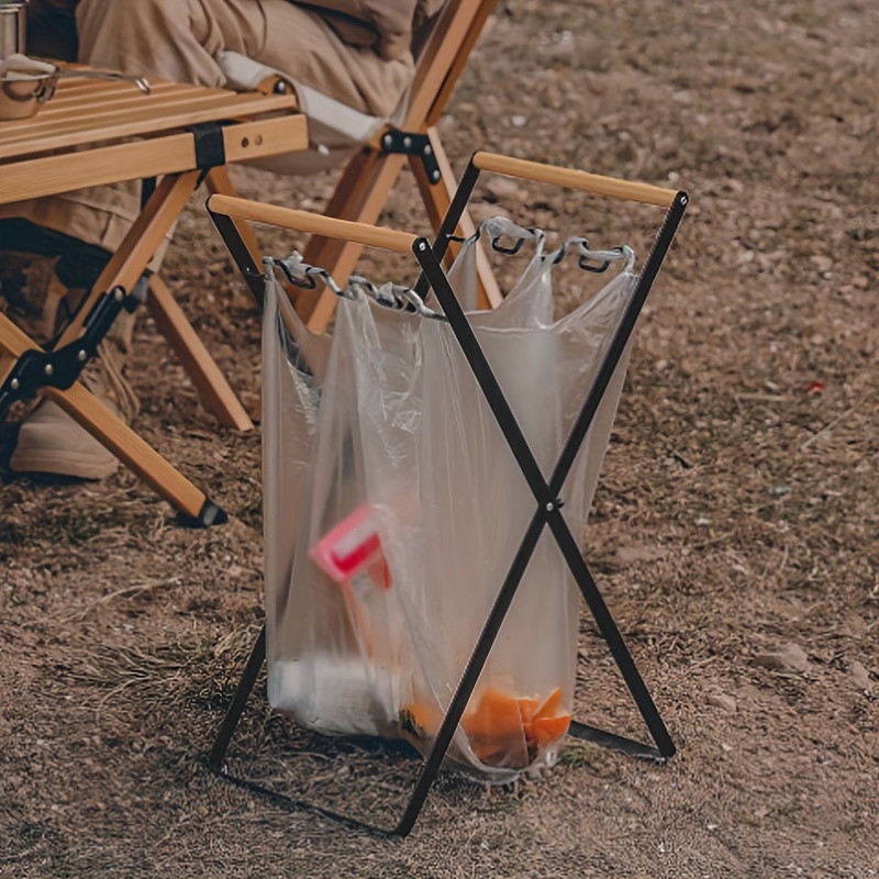 

Folding Outdoor Trash Bag Holder With Wooden Handle - Portable Camping Garbage Rack - With Ergonomic Grip - Multiple Bag Support For Easy Sorting - Black