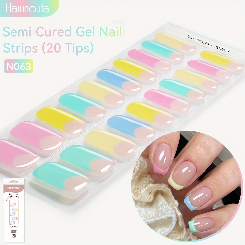 Harunouta 20strips Semi Cured Gel Nail Strips Colorful French Gel Nail Stickers Yellow Gel Nail Wraps Gel Polish Stickers Nail Art Manicure For Nails N063