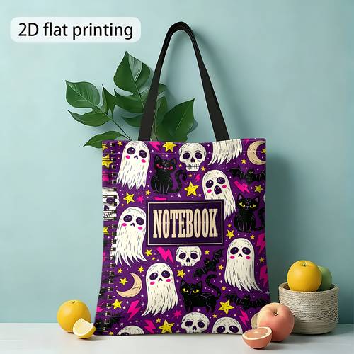 item picture halloween double sided printed shoulder bag womens style ghost cat skull theme fashionable handbag reusable shopping bag ideal for halloween parties and festive occasions fashionable womens handbag