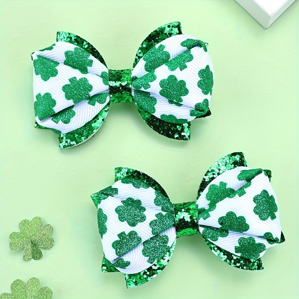 

2pcs 's Day Glitter Shamrock Bow Hair Clips, Cute Polyester Sequin Bows, For Teens, Hair Accessories, Gift-ready